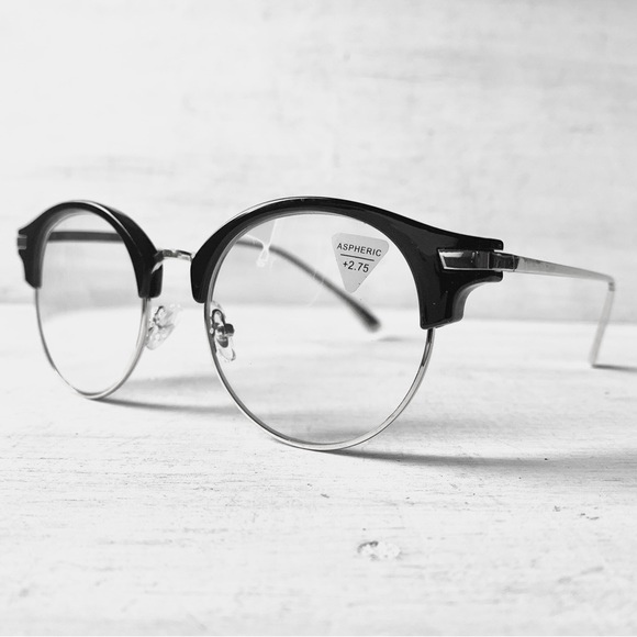 Gigantic +3.00 Reading glasses Round Browline Metal WIDE BIG FIT Black Silver - Picture 6 of 10